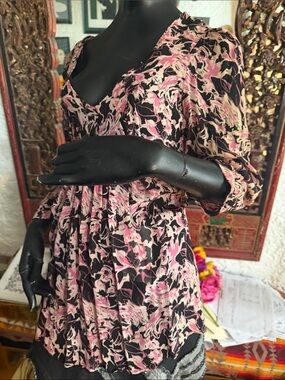 Floral Pink and Black V-Neck Blouse